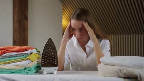 Woman Tired of Laundry and Ironing Clothes