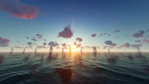 Peaceful Ocean Horizon with Sailboats at Sunrise or Sunset