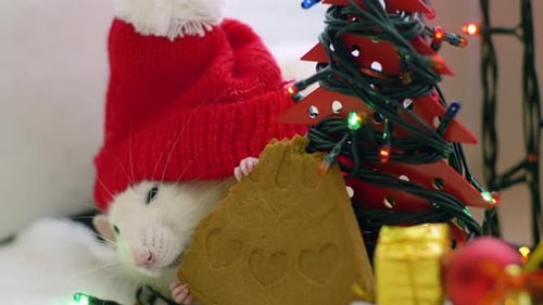 Festive Rat Celebrates Christmas with Cookie and Decorations
