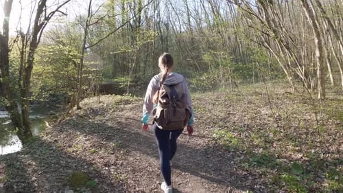 A Woman Traveler with a Backpack Walks Along a Forest Trail