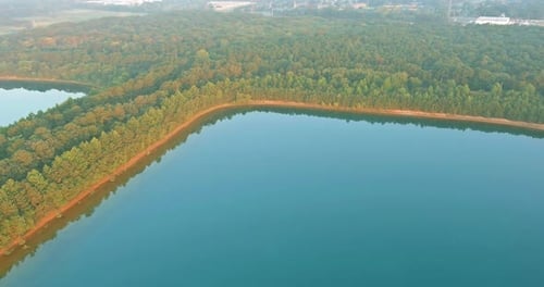 Landscape Panorama Blue Water in a Forest Lake with Trees