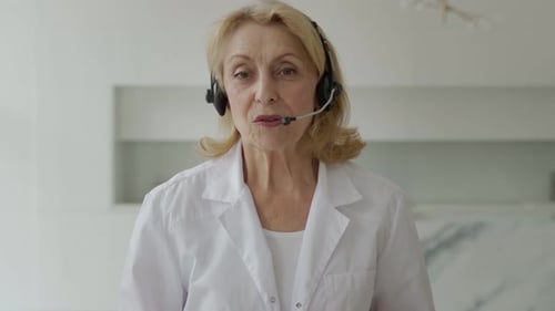 Mature Woman Doctor Speaking with Headset On