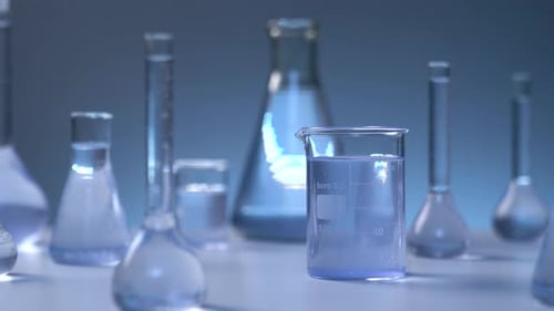 Laboratory Glassware with Blue Liquid for Research