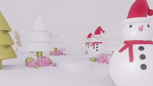 Minimalist 3D Christmas Scene with Snowmen and Gifts Animation