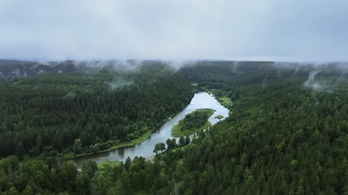 Bird's eye view of the popular tourist river. The horizon line is hidden in haze