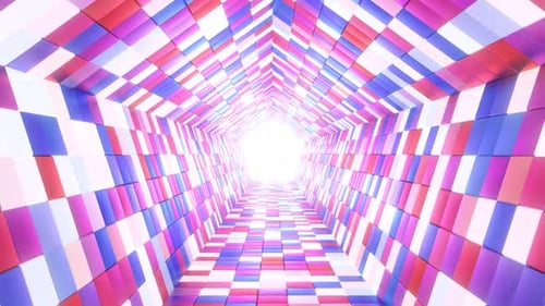 Abstract Endless Pentagon Tunnel with Bright Glowing Square Lights - 4K