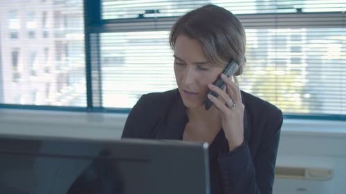 Woman Speaking on Phone at Desk in Office