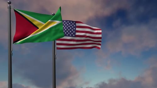 Guyana Flag Waving Along With The National Flag Of The USA - 4K