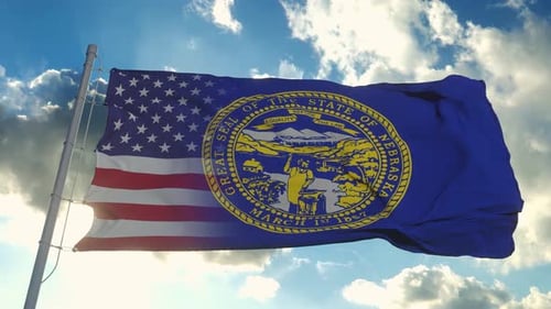 Nebraska State Flag and USA Flag Waving Transition