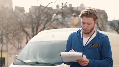 Delivery Driver Checking His List of Parcels