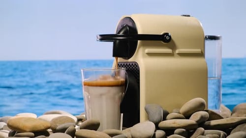 Early Morning at Sea Making Latte Coffee on Vacation By Ocean