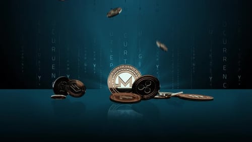 Animated Falling Cryptocurrency Coins with Digital Matrix Background