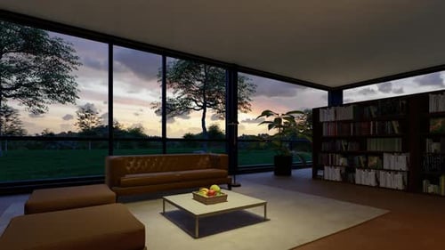 Modern Interior Sunset Time-Lapse with Scenic Window View