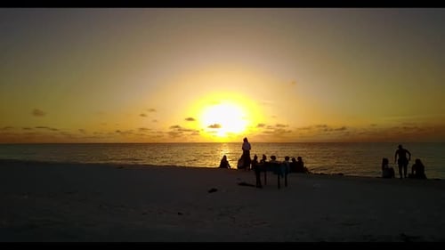 Aerial above panorama of beautiful tourist beach holiday by blue ocean and white sand background of