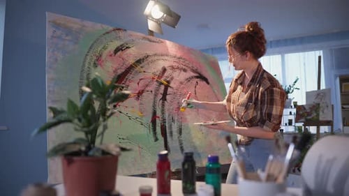 Artist Painting Abstract Art on Large Canvas