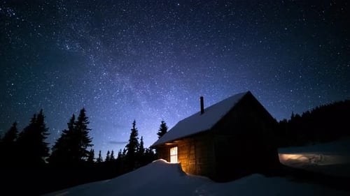 Time Lapse Milky Way Moving Over Mountain Hut and Pine Forest