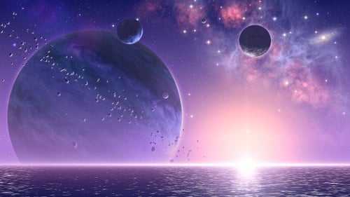 Cosmic Sunset Over Alien Ocean with Planets and Asteroids