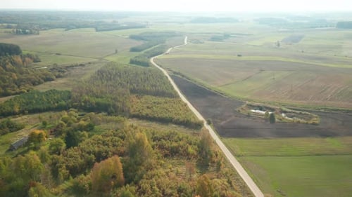 AERIAL: Lonely Road Leading Towards Horizon With Sun Shining on Forest and Plains