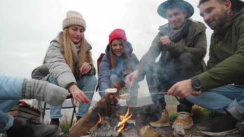 Group of Happy Friends Around Burning Camping Bonfire in Woods Roasting Marshmallows Talking