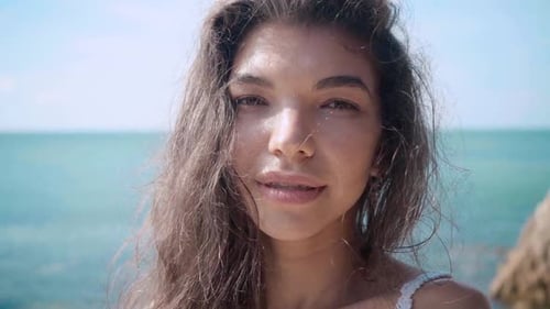 Portrait of Young Beautiful Girl Near the Pool, View on Ocean, Relax and Having Fun on Vacation