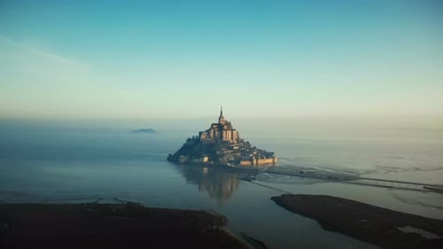 Drone Flying Towards Epic Sunrise Mont Saint Michel, Famous Island Fortress Castle Surrounded
