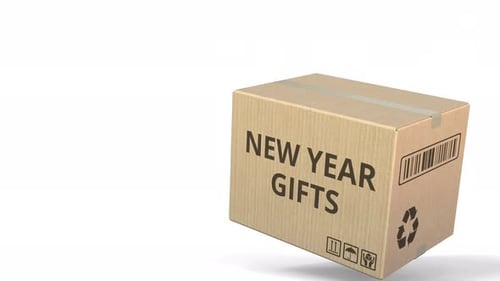 Cardboard Box with New Year Gifts Text Landing Animation
