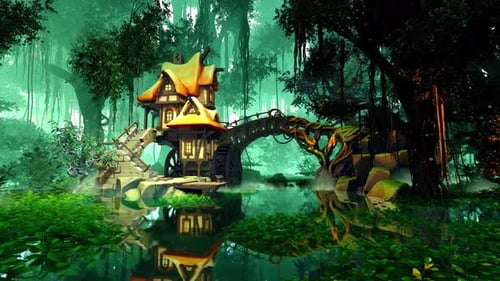 Fantasy Forest Watermill with Magical River Scene Animation