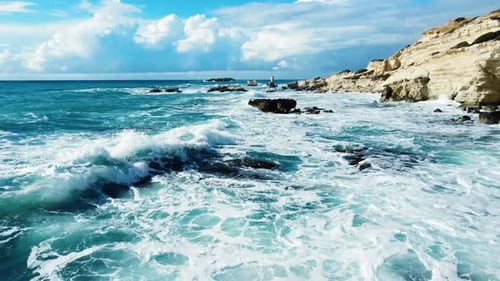 Sea Waves on the Coast Rocky Seashore in Stormy Weather Aerial View Over the Ocean Nature Cyprus