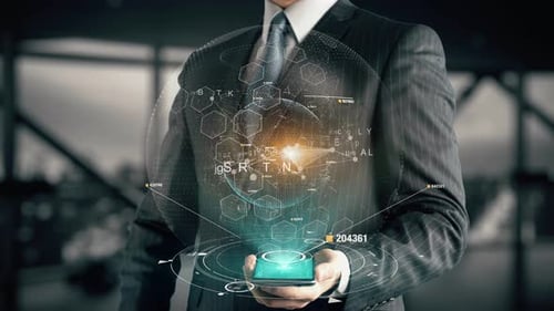 Geschäftsmann mit Netzwerksicherheits-Hologramm-Konzept