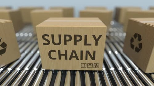 Supply Chain Cardboard Boxes Moving on Conveyor Belt