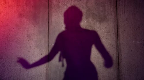 The Shadow of a Woman on the Wall Who is Actively Dancing Oriental Dance in the Studio Makes Various