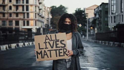 Afroamerican Activist in Black Bandana on Face