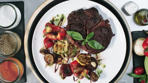 Steak and Grilled Vegetables Overhead Shot