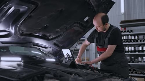 A Male Auto Repairman in a Car Service with a Computer Checks the Hood of the Car