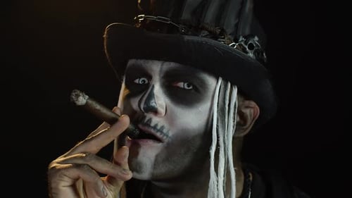halloween cigarette costume Man with Skull Face Paint Smoking Cigar halloween cigarette costume Man with Skull Face Paint Smoking Cigar