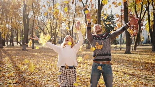 Couple Tossing Autumn Leaves in a Park