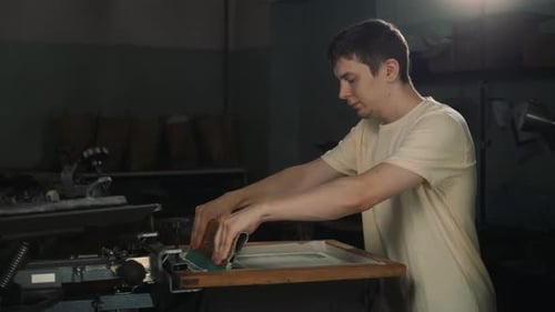 Close Up Timelapse of Male Hands Exploring Traditional Silkscreen Print, Creating an Image Fabric