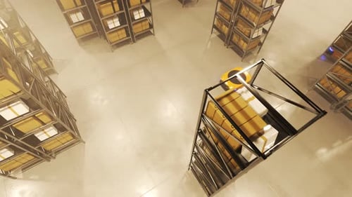 Warehouse industry autonomic robots carrying metal shelves with cardboard boxes.