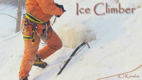 Ice Climber Ascends Snowy Slope with Ice Axes