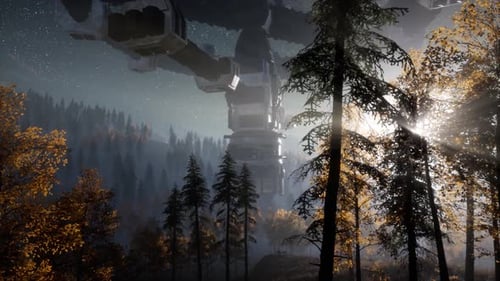UFO Hovering Over a Forest at Night with Light Beam