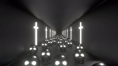 Glowing Skulls And Crosses In Dark Endless Tunnel Loop