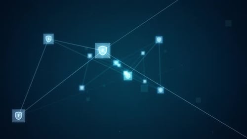 Blaues Sicherheitsschild-Symbol und futuristischer Würfel mit Netzwerkverbindung Meta Vers abstrakter Hintergrund