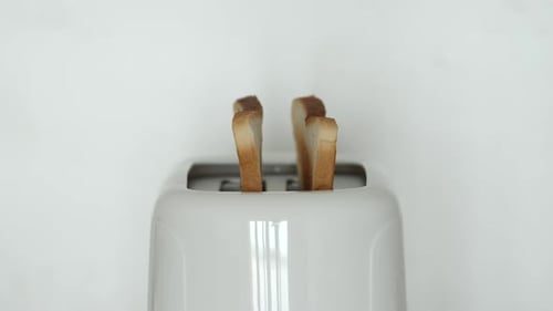 Toast popping out of a modern white toaster
