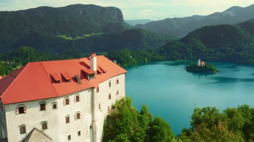 Medieval Castle Overlooking Small Island on Bled Lake