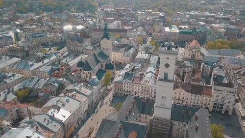 Aerial City Lviv, Ukraine. European City. Popular Areas of the City. Town Hall