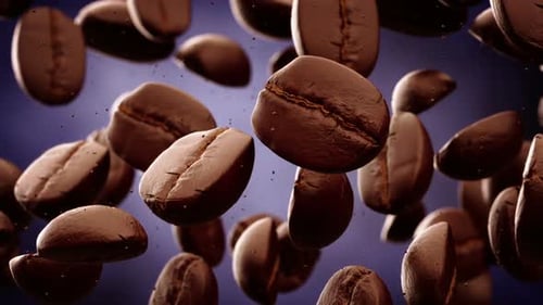 Realistic Roasted Coffee Beans Flying in Slow Motion