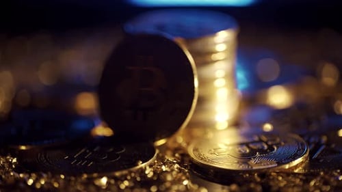 Bitcoins Stacked with Golden Fragments