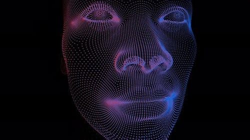 Futuristic Digital Human Face Animation with Rotating Wireframe