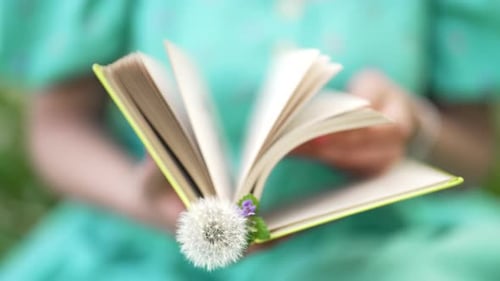 Open Book with Dandelion in a Nature Setting
