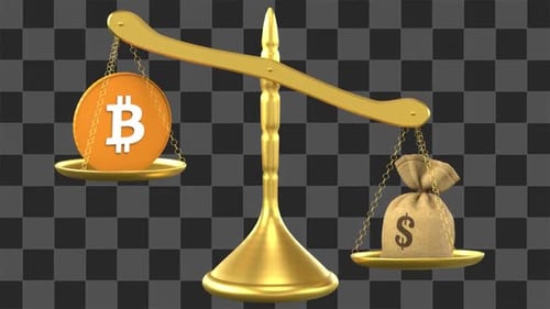 Bitcoin Versus Money Bag on Golden Scale Animation